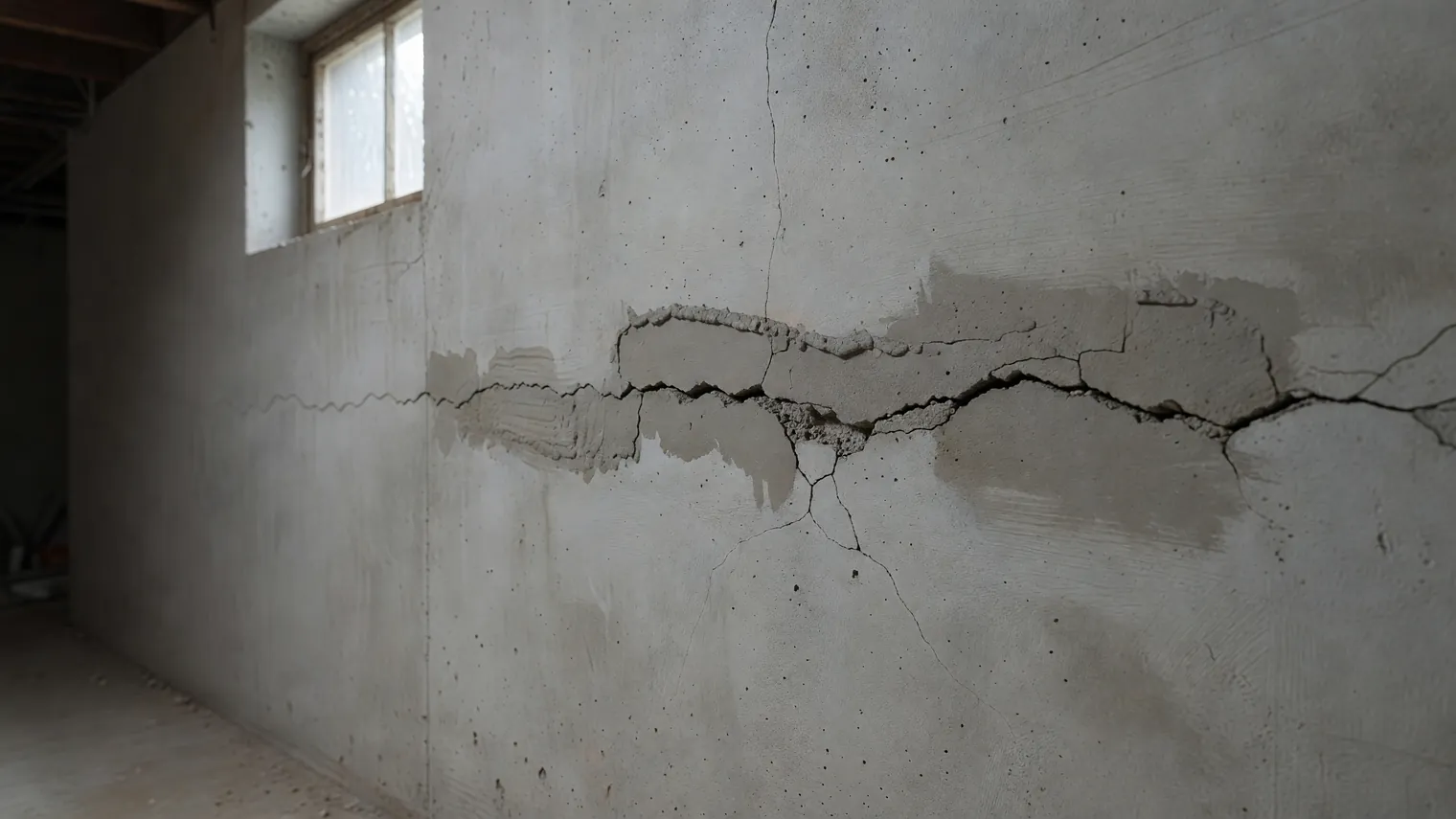 A basement concrete wall where a crack filled with gray patching compound has split open again along the same line, with smaller cracks branching off it.