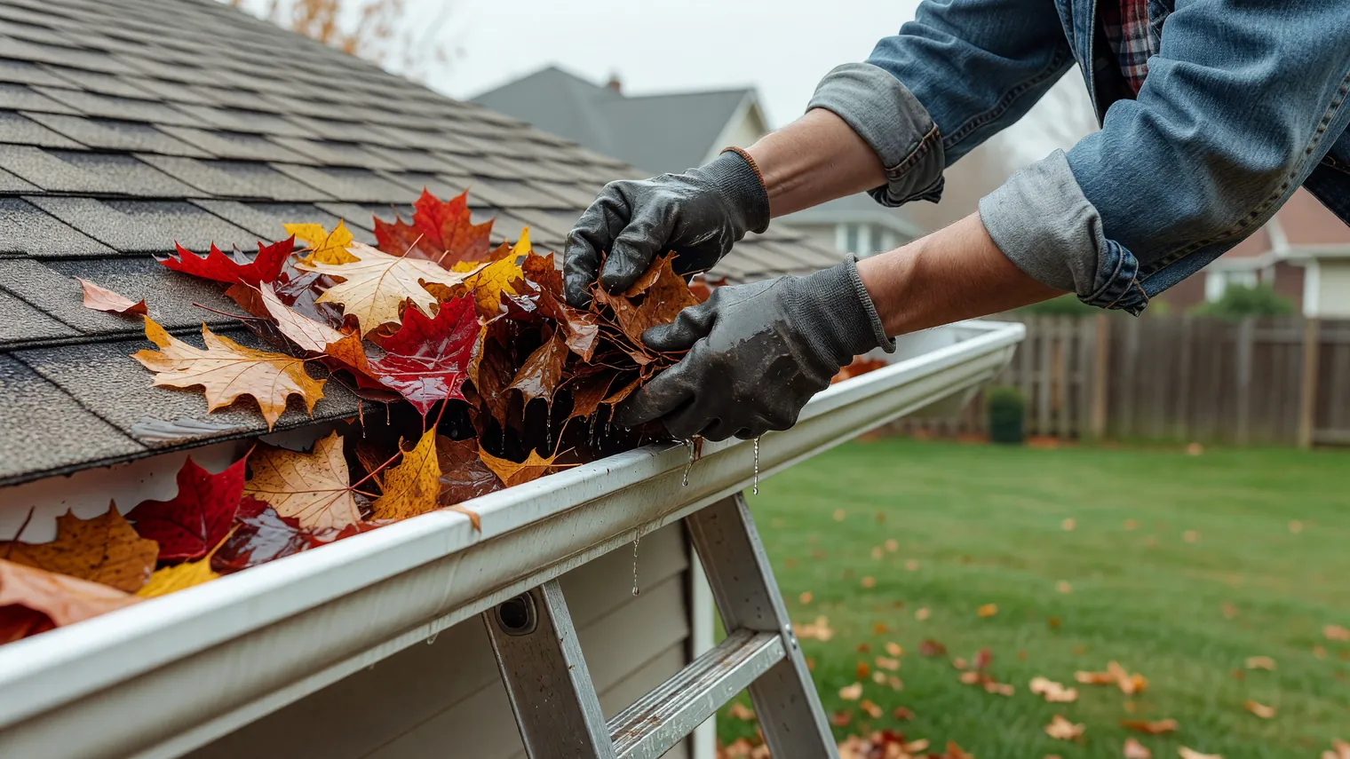 Gloved hands pulling wet autumn leaves out of a white rain gutter at the edge of a shingled roof, with a ladder below and a backyard lawn beyond.