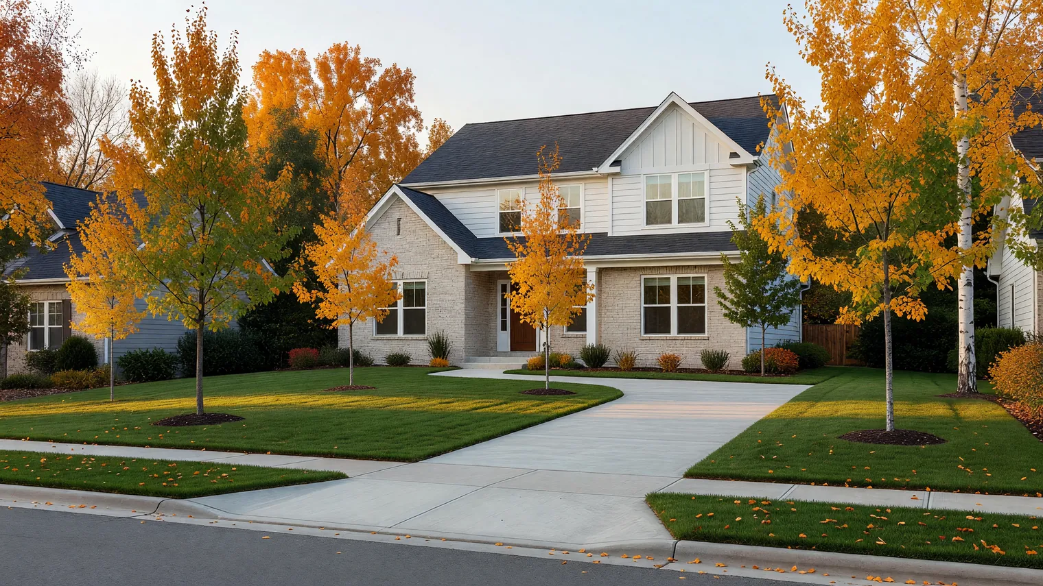 A newly built two-story brick and siding house in autumn, with young trees in orange leaf, fresh green sod, and a new concrete driveway.