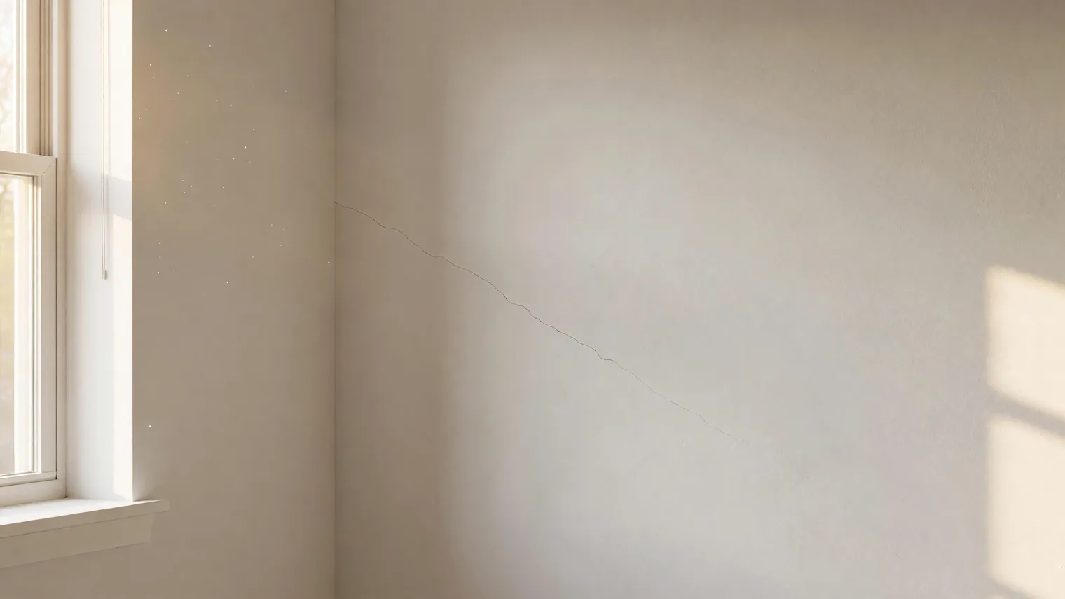 A thin, wandering hairline crack running diagonally across a painted bedroom wall from the inside corner beside a window, with warm morning sun on the wall.