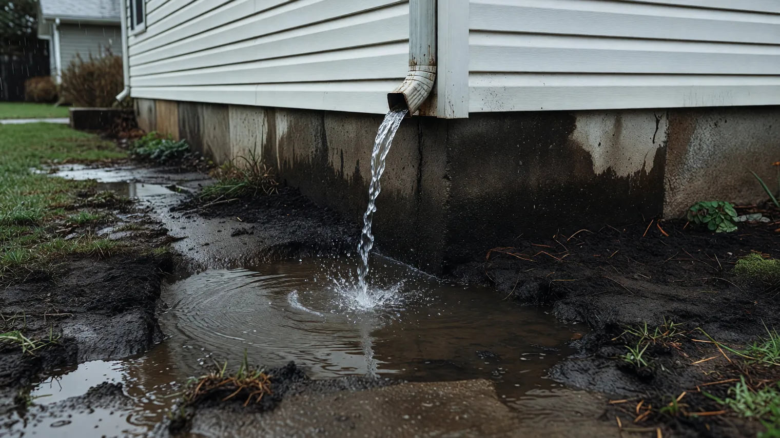 A short downspout pouring rainwater straight down beside a house's concrete foundation wall, leaving a muddy puddle soaking the soil against the foundation.