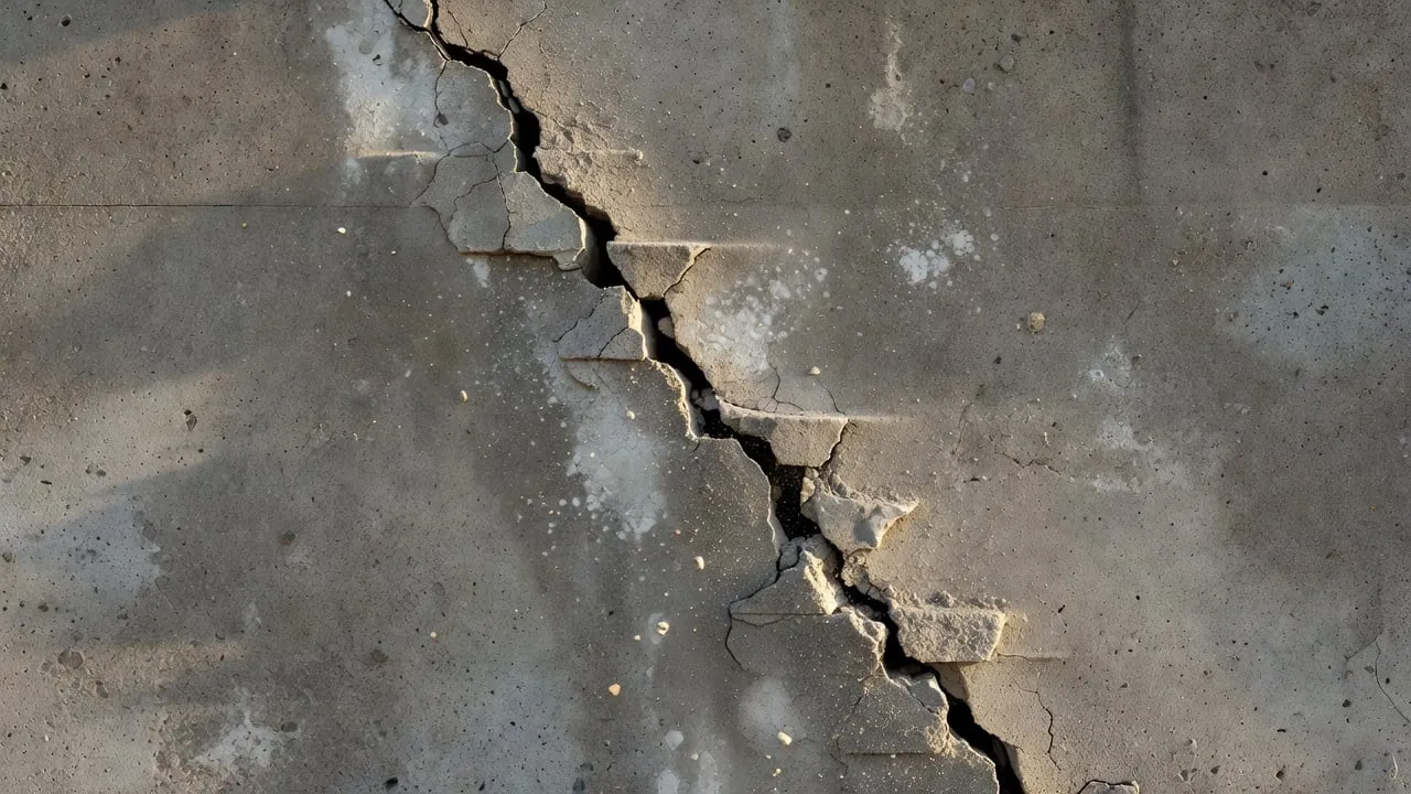 Close-up of a jagged diagonal crack running through a poured concrete foundation wall, edged with pale mineral staining and fine concrete dust.