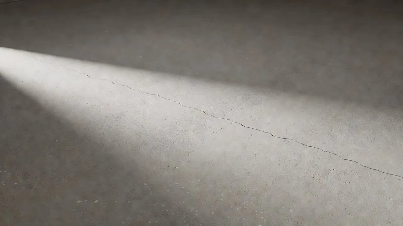 A thin hairline crack crossing a bare concrete basement floor, picked out by a raking stripe of daylight against the surrounding shadow.
