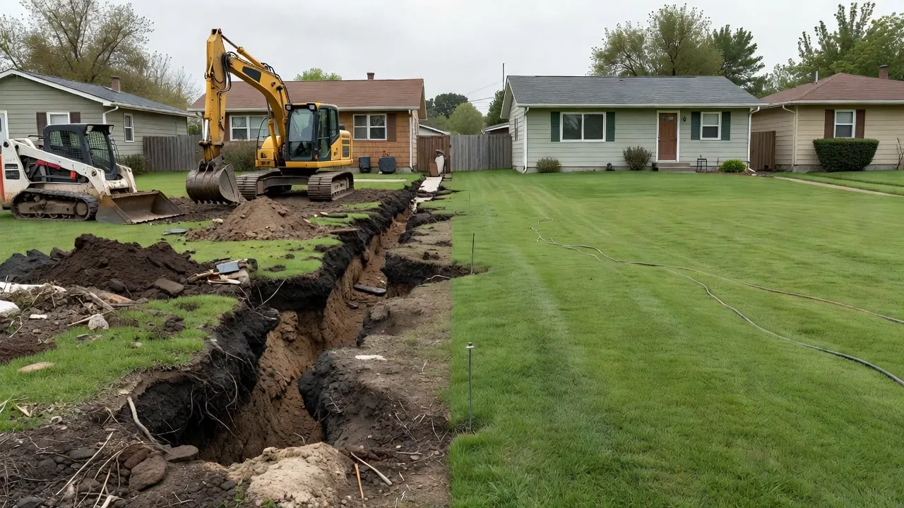 A deep excavation trench cut through a suburban front lawn beside a yellow excavator and a skid-steer, with ranch houses and trees behind.