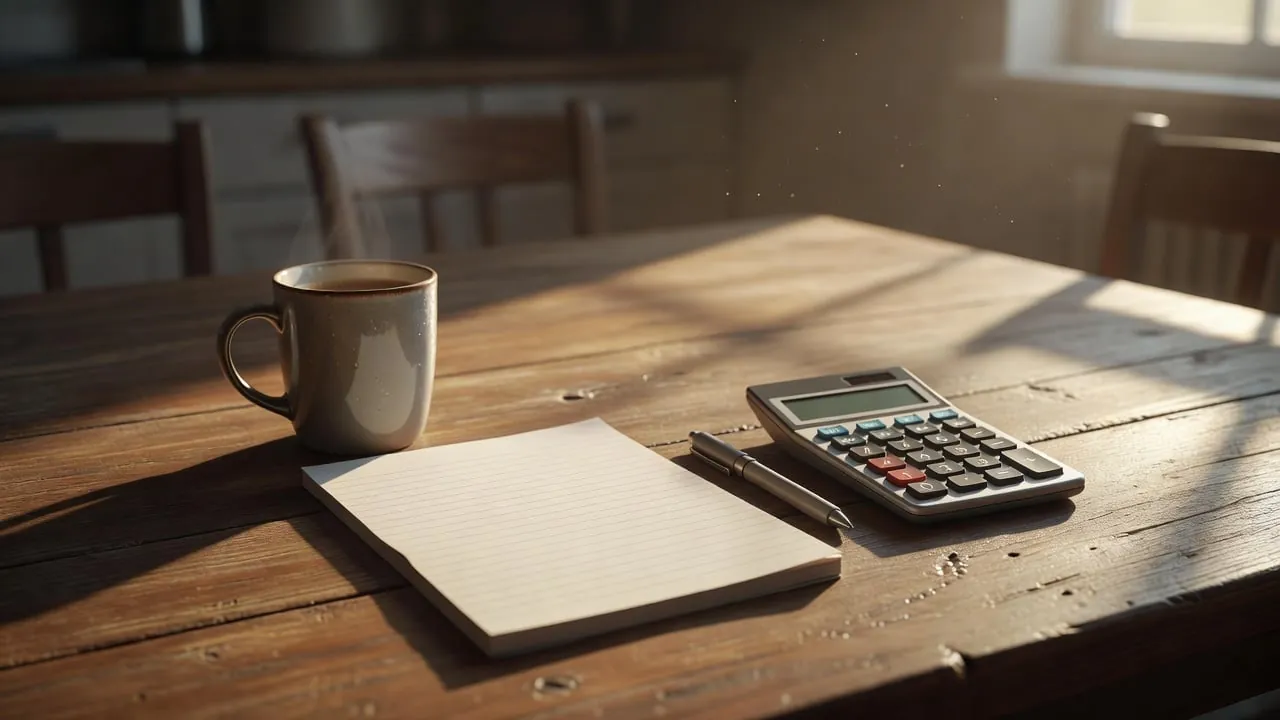 A mug of coffee, a blank notepad, a pen and a calculator sitting on a sunlit kitchen table, with the rest of the kitchen blurred behind.