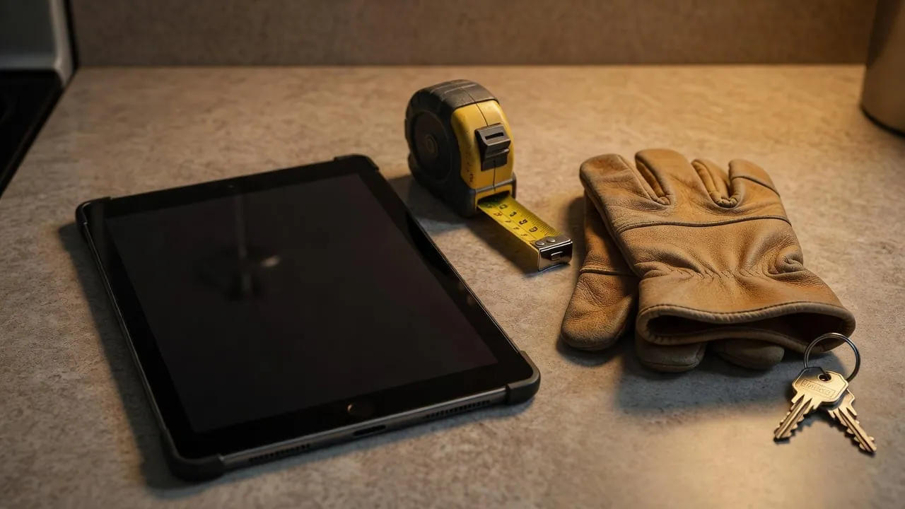 A contractor's tablet with a blank screen resting on a kitchen counter beside a yellow tape measure, leather work gloves and a set of house keys.