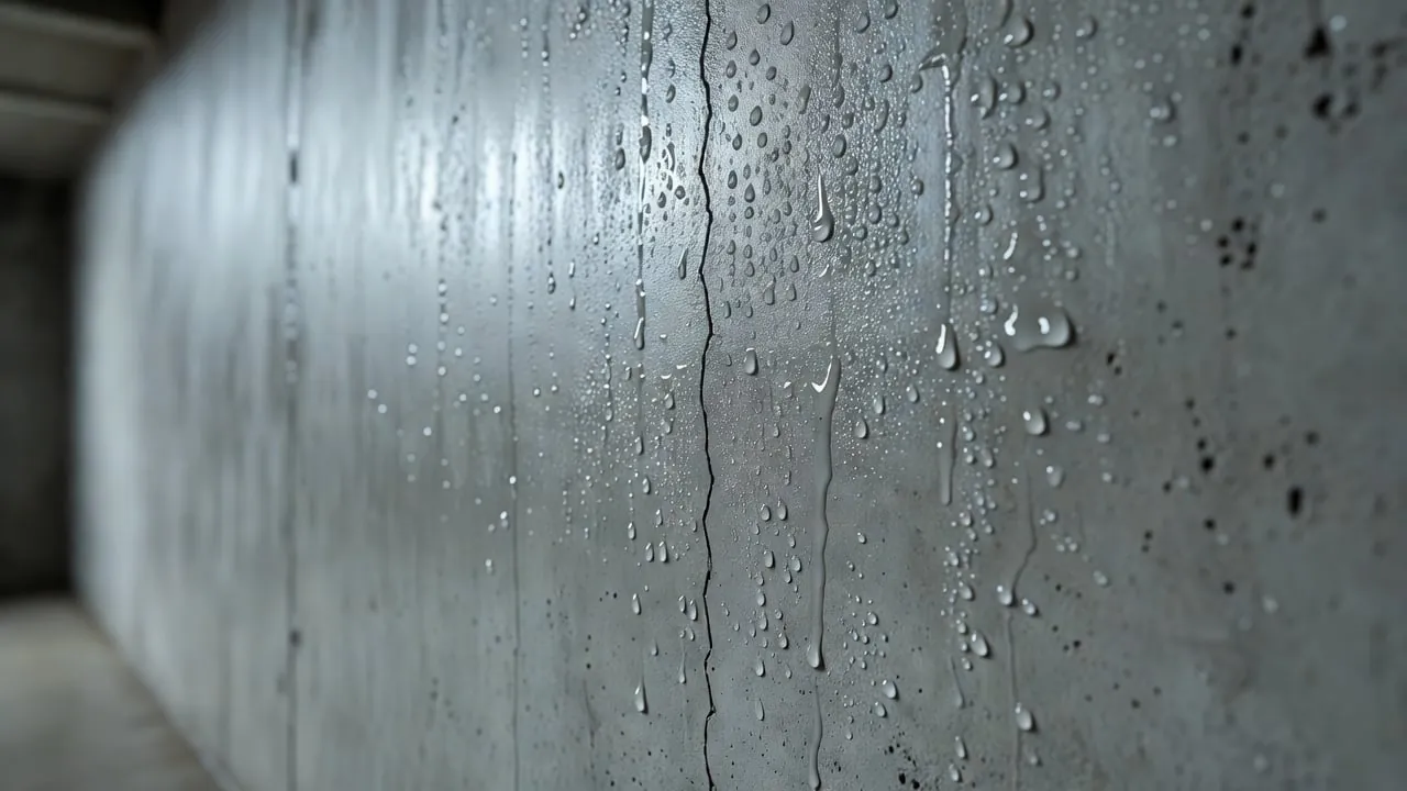 A bare concrete basement wall beaded with condensation and vertical water trails, shot close up with the passage behind it out of focus.