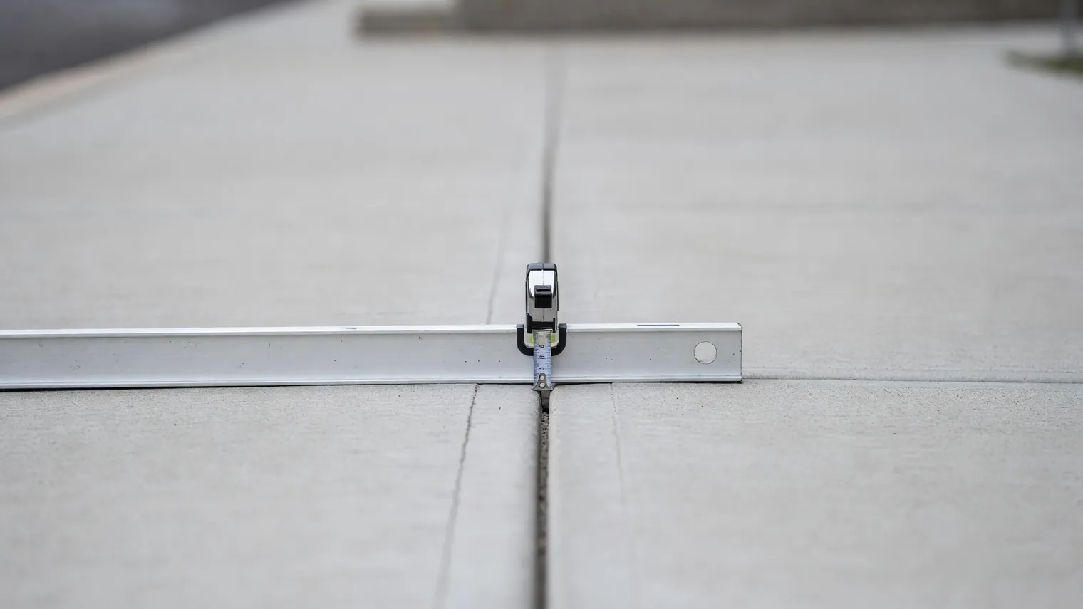 An aluminium straightedge laid across a concrete sidewalk joint with a steel tape measure standing in the gap beneath it, measuring how far the lower panel has dropped.
